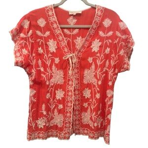 Solitaire White Floral Embroidered Short Kimono Tie Front Cottagecore Feminine M